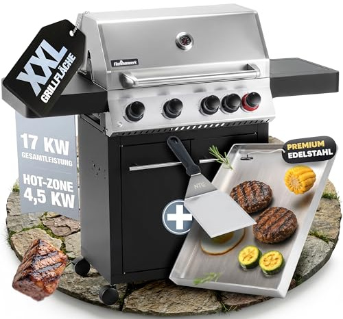 Flammenwerk Gasgrill 4+1 Brenner 17kW - LED-Beleuchtung & Seitenkochfeld | Hochwertiger Profi BBQ-Grillwagen mit Plancha, 17 kW Gesamtleistung, für Garten, Terrasse & Outdoor-Küche, im Set