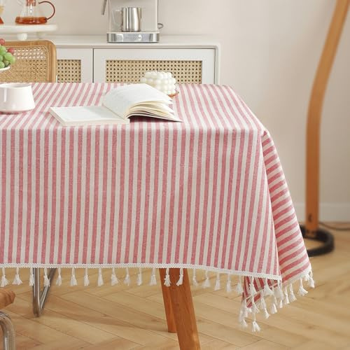 meioro Gestreifte Tischdecke Rechteckige Outdoor Tischtuch, Rote, 130x180cm | Rote/Weiße Streifen Abwaschbare Tischdecken, Dekorative Tischwäsche mit Quasten, Esszimmer Tabletop Boho Küche Table Cloth