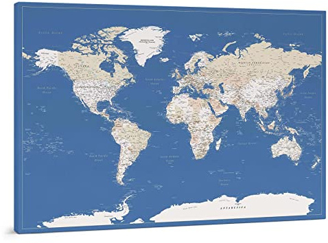 Trip map Pinnwand Weltkarte - Leinwand Weltkarte Pinnwand mit Pins - Blau Farbe - zur Personalisierung - Gerahmte Weltkarte zum Pinnen - 150x100 cm; 120x80 cm; 100x70 cm Größen