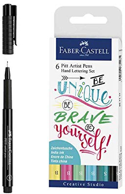 Faber-Castell Tuschestift Pitt Artist Pen, Strichstärke S, Farbe 199, schwarz inkl. 6er Pastel Hand Lettering