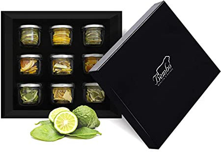 BOTANICHE AGRUMATE PER GIN TONIC - 9 Botaniche di Base per il Tuo Gin Tonic in 9 Vasetti di Vetro per Professionisti e Appassionati – Sprigiona la Tua Fantasia – Regalo Elegante per Ogni Occasione