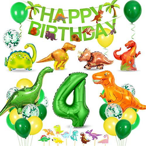 Bluelves Dino Geburtstag Deko 4 Jahre, Dinosaurier Party Luftballons Grün für Kindergeburtstag, Dschungel Party Junge
