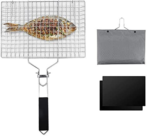 WlP Grillen Grillkorb, Tragbarer Grillkorb Mit Oxford-Tuch-Tasche Faltbar Edelstahl BBQ Grill-Netz Mit Grillmatte Für Bratenfische, Garnelen, Gemüse, Steak, Fleisch