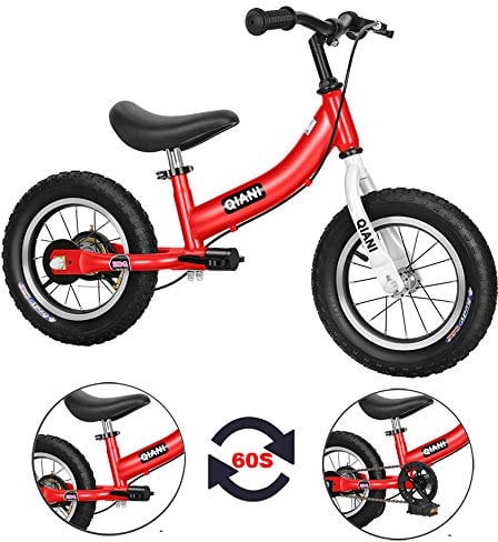 Qiani Laufrad 2 in 1 für Kinder ab 2 3 4 5 6 7 Jahre,Kinderlaufrad mit Bremse,Stützräder,Pedalen,Luftreifen und Seitenständer,Kinderfahrrad 12 14 16 Zoll(rot, 12 Zoll)