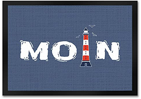 Fußmatte in 35x50 cm im maritimen Stil mit Spruch: Moin und Leuchtturm Maritim Heimathafen Meer Ostsee Nordsee Schuhmatte Norden Nordlicht Leuchtturm Anker Möwe Küste Wind Schiff