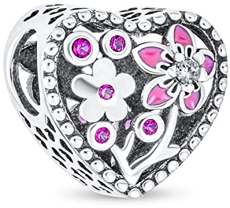 Accent CZ Saint-Valentin L'Amour Grandit Avec Une Perle Charme En Forme De Cœur Fleur Émaillée Rose Rouge Pour Femme Petite Amie En Argent Sterling .925 S'Adapte Au Bracelet Européen