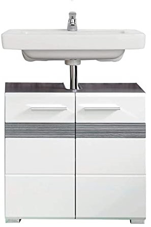 Newfurn Waschbeckenunterschrank Weiß Hochglanz Sardegna Rauchsilber Badezimmermöbel Modern - 60x56x34 cm (BxHxT) - Waschbeckenschrank - Badezimmer Bad