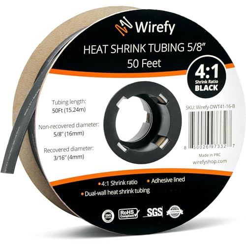 Wirefy Guaina Termorestringente 15,4 mm - Tubo Isolante 4:1 - Interno Adesivo - Nero - Rotolo 15 m