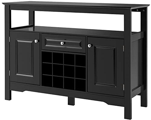 TANGZON Storage Sideboard, Kitchen Cabinet with Removable Wine Rack, Drawer and Shelf, 2-Door Cupboard Buffet Console Table for Dining Room, Living Room & Hallway (Black)