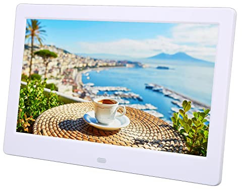 Luqeeg 10,1 Zoll Digitaler Bilderrahmen, 1024x600 Elektronischer Bilderrahmen Intelligenter Bilderrahmen mit TFT-LCD-Display und Fernbedienung, mit Kalender, Uhr, Weckfunktion(Weiß)
