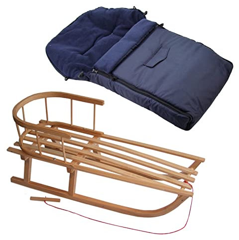 Kombi-Angebot Holz-Schlitten mit Rückenlehne & Zugseil + universaler Winterfußsack (90cm), auch geeignet für Babyschale, Kinderwagen, Buggy, Thermofleece Uni (marine + Schlitten)