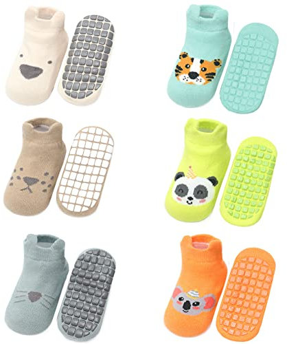 FedMois 6er Pack Baby Kleinkinder ABS rutschfeste Socken Sneaker Socken Tiermotive Baumwolle, Tiere, 1-3 Jahre