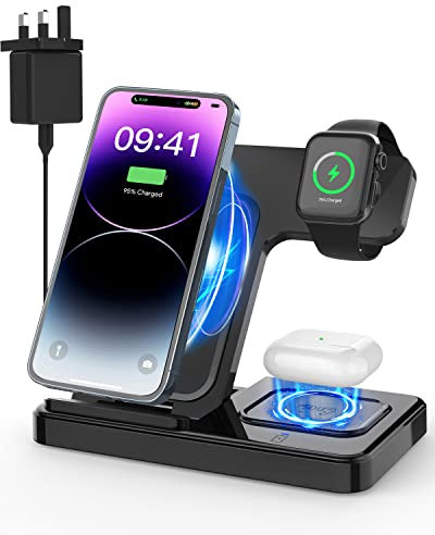 3 in 1 Wireless Charger, Foldable Charging Station Dock for iPhone 16/15/14/13/12/11/SE/X/8 and Apple Watch Ultra/8/7/6/SE/3/2, AirPods Pro/Pro2/2/3(Q3.0 Adapter Included)