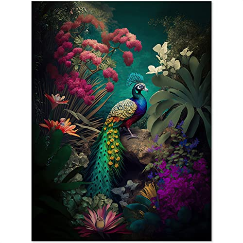 NoBoringSuitcases.com® Koffer Handgepäck Trolley Rollkoffer Kleine Reisekoffer mit 4 Rollen - Pfau - Federn - Blumen - Vogel - 55x35x20cm - Fotokoffer - Kabinenkoffer - Boardgepäck