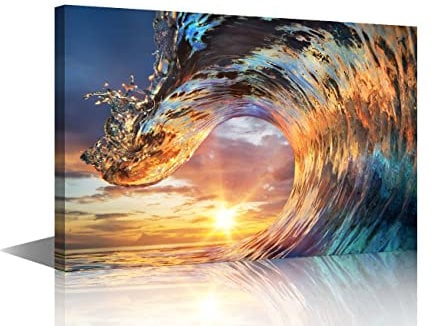 TISHIRON Canvas Wall Art Ocean Waves Painting Sunset Sea Wave Wall Decorations for Living Room Bedroom Bathroom Hang Pictures Modern Wall Office Canvas Art Prints Framed Ready to Hang (24X16in)