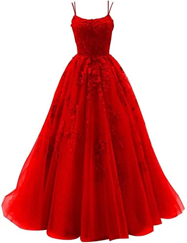 Vestidos de Fiesta de Tul con Tirantes Finos de Mujer Vestido Largo con Apliques de Encaje Vestidos de noche Formales