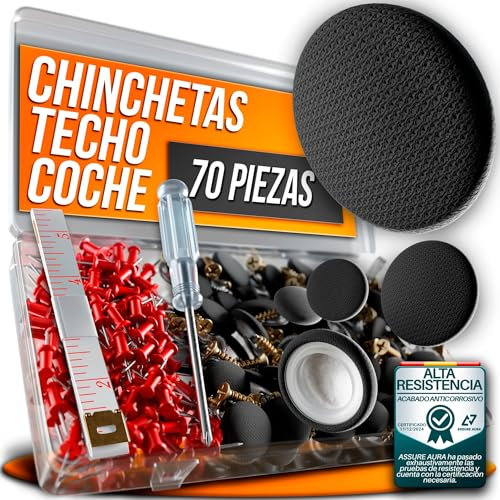 Kit 70 Chinchetas Techo Coche Negro – Repara Techo Caído Rápido y Fácil – Incluye Hebillas Tornillos Destornillador Metro – Grapas y Chinchetas Tapicería Tela Techo Coche