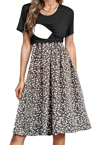 PARNIXS Women's Nursing Dress Summer Short Sleeve Patchwork Pregnancy Clothes with Pockets,XL