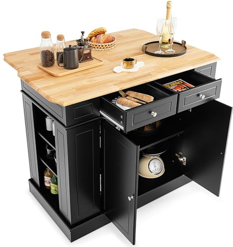 KOMFOTTEU - Isola cucina con piano di lavoro allungabile, armadio da cucina in legno con cassetti, mensole laterali e 2 porte, credenza cucina con ripiani regolabili, 120 x 61 x 92 cm, colore nero