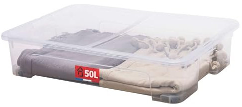 Sundis View Box, scatola portaoggetti sotto il letto, con coperchio e ruote, 50l, plastica trasparente, impilabile, ideale per riporre biancheria, vestiti, scarpe