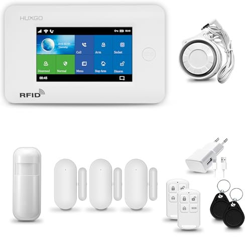 HUXGO® HXA006 Funk Alarmanlage Set WiFi + GSM mit Sirene | Alarm System mit Bewegungsmelder, 3X Tür- Fenstersensor, Fernbedienung | Wohnmobil Alarmanlage | Alexa Google Home
