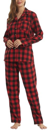 LNFINTDO Pyjama long en coton pour femme - Deux pièces - À carreaux - En flanelle - Avec poche - T-shirt à manches longues et pantalon de pyjama, Rouge et noir à carreaux, S