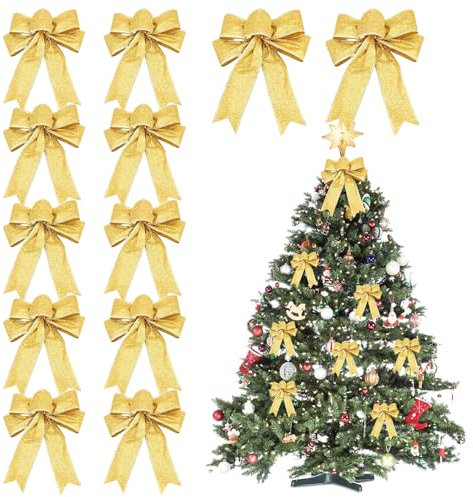 Weihnachten Schleife Set, 12 Stücke Schleifen Glitzer Weihnachtsdeko Weihnachtsbaum Schmuck Girlande Deko (Gold)