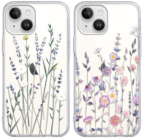 Pnakqil [2 packs Phone Case for iPhone 13 / iPhone 14 6,1'', Clear Transparent Soft Silicone Cover with flower Pattern Aesthetics Design, Shockproof Protective Bumper Case Slim Cute Design Girls, 04