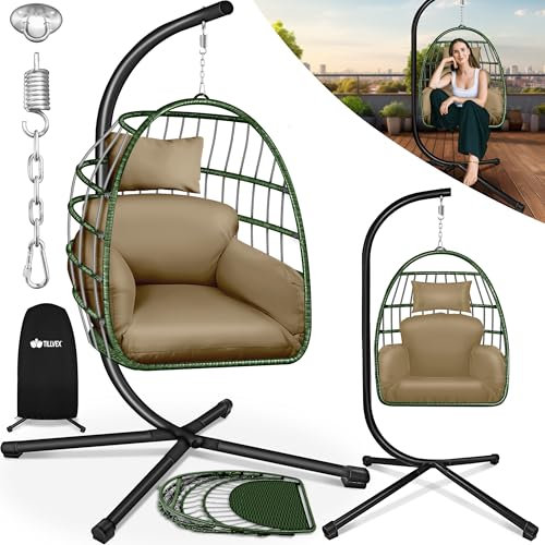 tillvex® Hängesessel mit Gestell, Abdeckung & Decken Halterung | Hängekorb höhenverstellbar mit dickem Kissen | Hängeschaukel faltbar Indoor & Outdoor | Polyrattan Hängesitz Hängestuhl (Khaki)