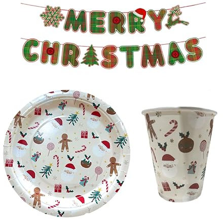 eBoutik - Fun Festive Christmas Disposable Plate and Cup Set With Bunting -Xmas Party Paper Tableware for Holiday Christmas Party Decoration