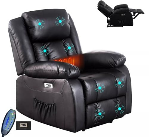 LSLIFE Recliner Armchair with Massage & Heat Electric Recliner Armchair Lazy Boy Recliners for Elderly Recliner Chair with Adjustable Footrest Backrest, USB Ports, Dual Side Pocket (Black)