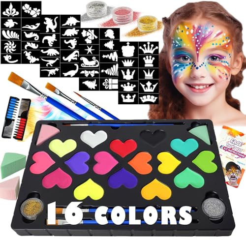 Dazhtu Pinturas Cara para Niños, 16 Colores Pintura Facial, Pintacaras Lavable Kit de Pintura Facial con 40 Plantillas, Pintura de Cara para Arte Fiesta de Halloween,Cumpleaños,Navidad,Gran regalo