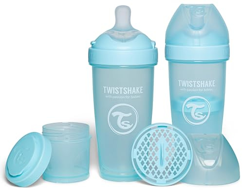 Twistshake 2x Pro Double Biberon Anti-colique avec Récipient à lait en Poudre et Mélangeur - 330 ml | Mamelon en Silicone à Débit Rapide | Sans BPA | Convient aux Bébés à Partir de 4 Mois | Bleu
