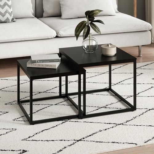 Home Collective Couchtisch 2er Set quadratisch aus Holz, Wohnzimmertisch Modern, Beistelltisch Set 2 in 1 mit Metallgestell für Wohnzimmer Büro Beistelltisch Loft Design Twin | Schwarz