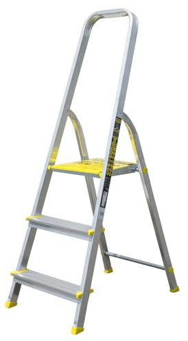 Bayersystem BS-DA3 150 Trittleiter mit 3 Stufen, Aluleiter, bis 150 kg belastbar, max. Arbeitshöhe 2,56 m, Klapptrittleiter mit Handlauf, Anti-Rutsch-Füße, Klapptritt für Haushalt, Silber/Gelb