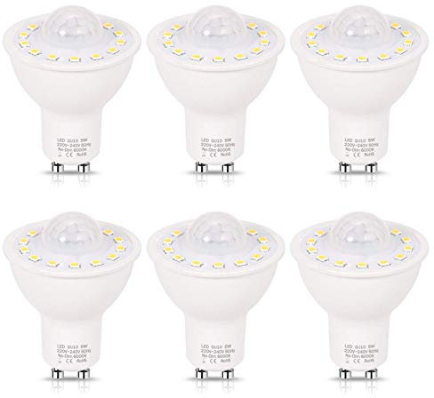 Lot de 6 ampoules LED GU10 avec détecteur de mouvement PIR 5 W pour escaliers, garage, couloir