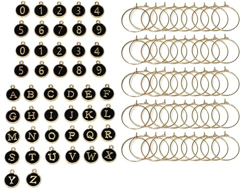 Climple Lot de 50 breloques pour verres à vin – 26 lettres de l'alphabet rondes de A à Z et 20 figurines de 0 à 9 pour verres à pied – Fournitures de fête de dégustation noires – Marqueurs de boisson