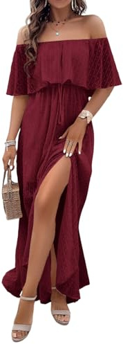 Schulterfreies Kleid Damen Sommer Elegant Sommerkleid Lang A-Linien Maxikleider Mit Schlitz Sommerkleider Leicht Und Luftig Boho Kleider Maxi Mit Gürtel Strandkleid Off Shoulder Mit Ärmeln