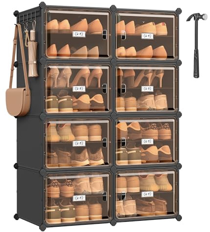SONGMICS Schuhregal mit 8 Fächern, Schuhschrank, 30 x 45 x 30 cm pro Fach, durchsichtige Tür, Metallrahmen, für 32 Paar Schuhe, Flur, Schlafzimmer, tintenschwarz-transparentes Braun LPC054BH01