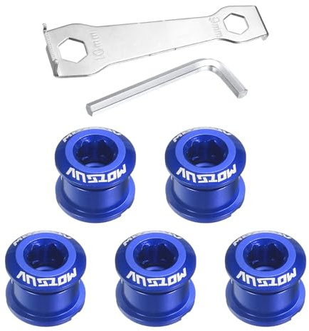 sourcing map 5pcs Single Chain Ring Bolts M8 Aluminum Alloy Bicycle Crankset Nut Chainwheel Screws with Mountain Wrenches for Road Bike Mountain Bike, Blue