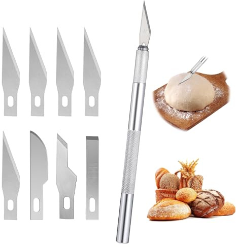 MBAIYO Bäckermesser, Brot Bäcker Cutter mit 8 Klingen,4 Stile Baguettemesser Edelstahlgriff Teig Rasiermesser mit Kunststoff Schutzhülle Teigmesser Brotmesser für DIY Brotteig Muster Ritzmesser