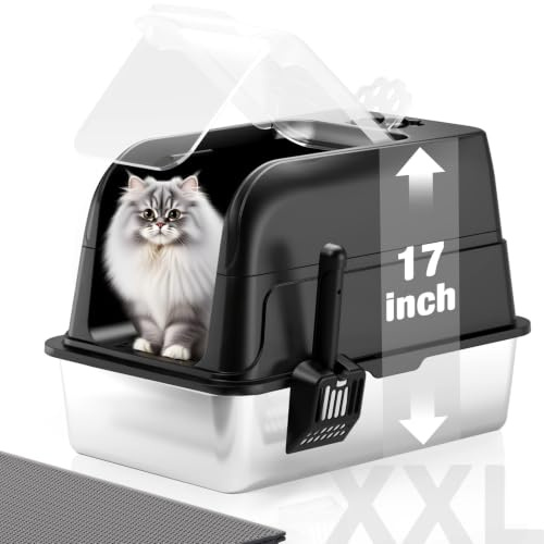 APPKER Stainless Steel Cat Litter Tray with Lid, XXL Large Enclosed High Sided Cat Litter Tray, Metal Cat Box with 120° Fully Transparent Detachable Lid, Scoop & Mat - Black