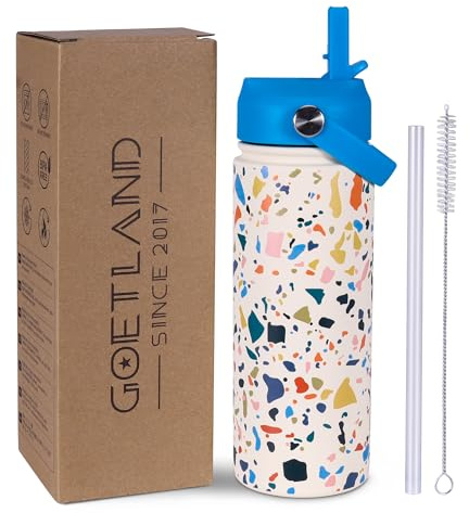 Goetland Motivo Terrazzo Borraccia Termica con Cannuccia 500 ml Acciaio Inox Bottiglia Isolata a Doppia Parete A Prova di Perdite Bocca Larga per Donna Ragazza Scuola Ufficio