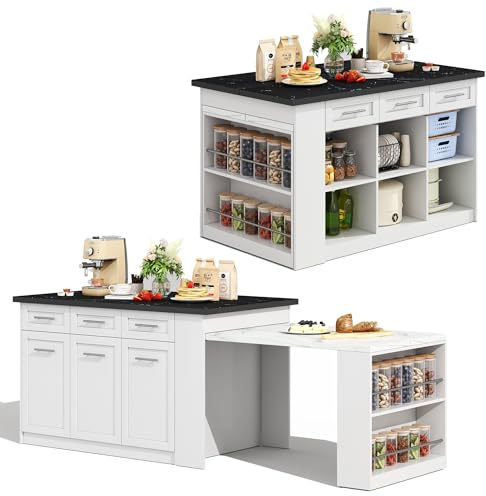 Juabett Multifunktionale Kücheninsel 150+96cm, Freistehend Kitchen Island mit Weiß ausziehbarer Esstisch, Schwarz+weiß marmorierte Holzarbeitsplatte, Kücheninseln mit Stauschränke für Familienküchen