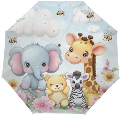 Ginfult Regenschirm mit niedlichem Elefant, Zebra, Giraffe, Bär, Biene, Reise, kompakt, winddicht, automatisches Öffnen, Schließen, Faltschirme für Regen, Damen und Herren