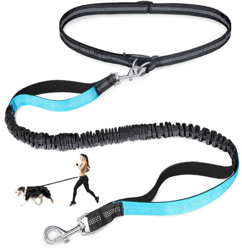 Laqibak Hands Free Dog Leash, Adjustable Waist Leash for Dog, Handle Bungee 4.2-6.7 Feet Long with Reflective Stitches for Walking Hiking Running, Fits 26- 43 Waist, Black & Blue