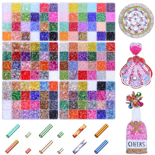 28800 Stück Bunte Röhrenperlen Kit,144 Farben Glas Bugle Perlen Set,7x2mm, 3x2mm Tube Perlen mit Twisted Röhren perlen für Armband Schmuckherstellung,Basteln,Sticken