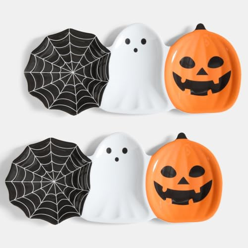 OHS 15 Inch Halloween Serving Platters Melamine Trays 2 Pack, Black/White | Spider Web Ghost Pumpkin Platters Halloween Decorations Reusable Serving Trays for Snacks Appetizers Desserts Party Food