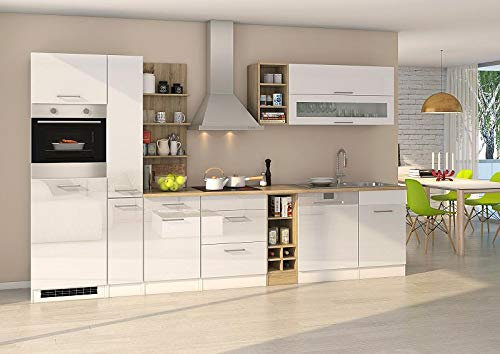 idealShopping GmbH Küchenblock Mailand 340 cm mit Apothekerauszug weiß Hochglanz ohne Elektrogeräte