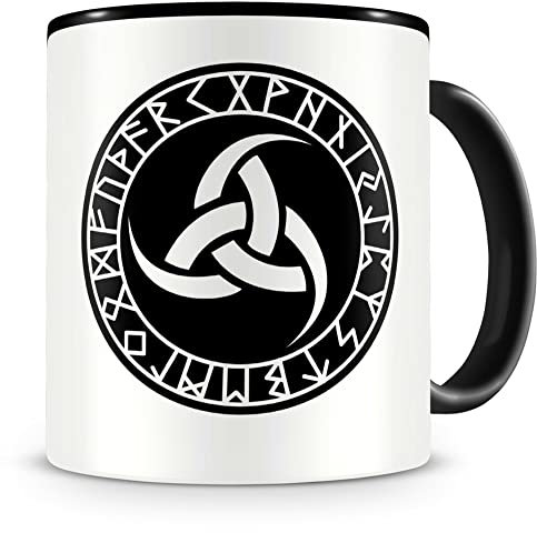Samunshi® Odins drei Hörner mit Runen B Tasse für Kaffe oder Tee Geschenk für Vikinger Wikinger Germanen Fans Kaffeetasse Kaffeepot Teetasse Lustige Tassen zum Geburtstag schwarz Keramik 300ml
